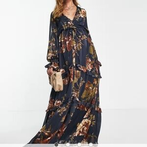 ASOS DESIGN Maternity floral tiered maxi dress with tie front in satin stripe